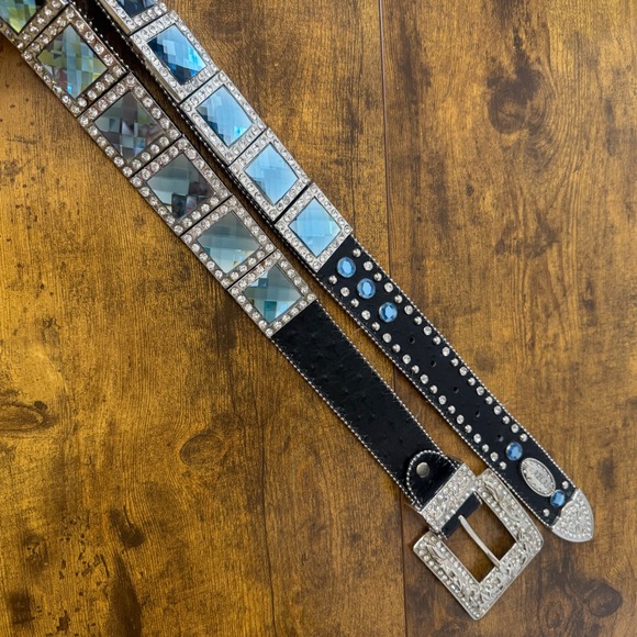 ATLAS Rhinestone Western Bling Belt Size 30-35 Black Embellished Silver Buckle - Picture 9 of 16